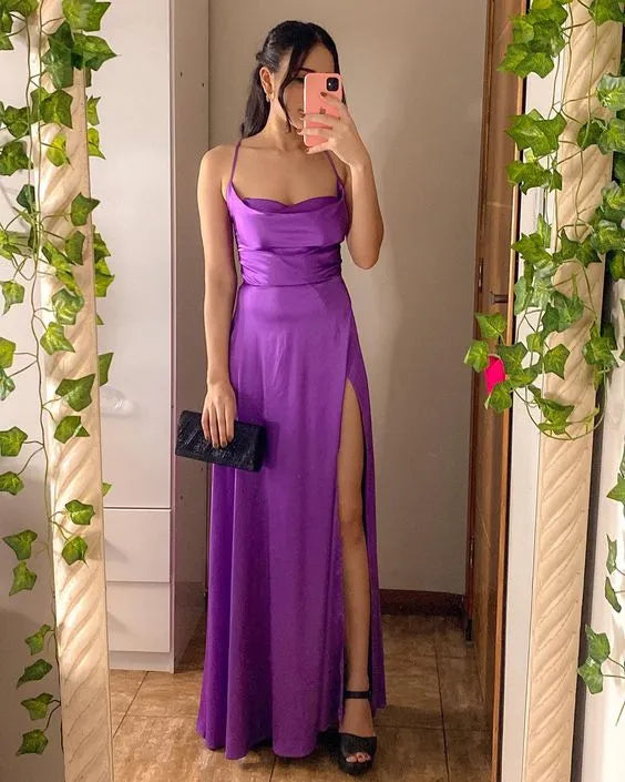 Sleek A-Line Cowl Neck Sleeveless Satin Maxi Prom Dress