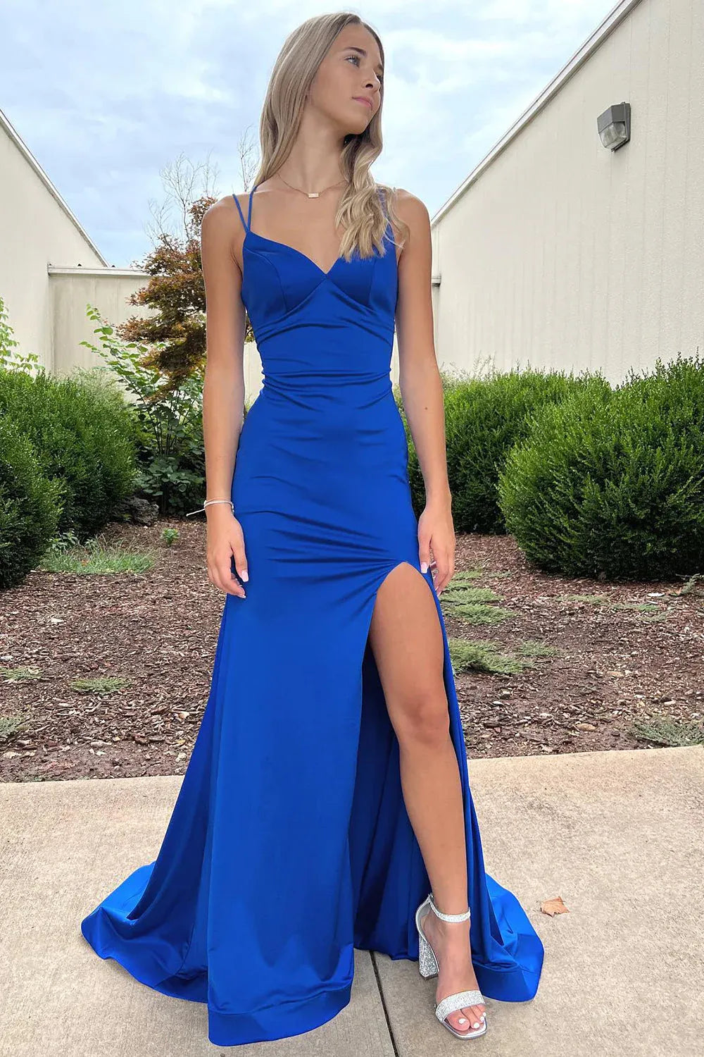 Sleek Mermaid V Neck Spaghetti Strap Satin Maxi Prom Dress