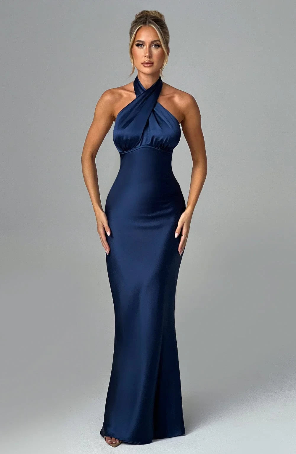 Sleek Mermaid Halter Neck Backless Tie-Back Satin Navy Blue Floor-Length Prom Dress