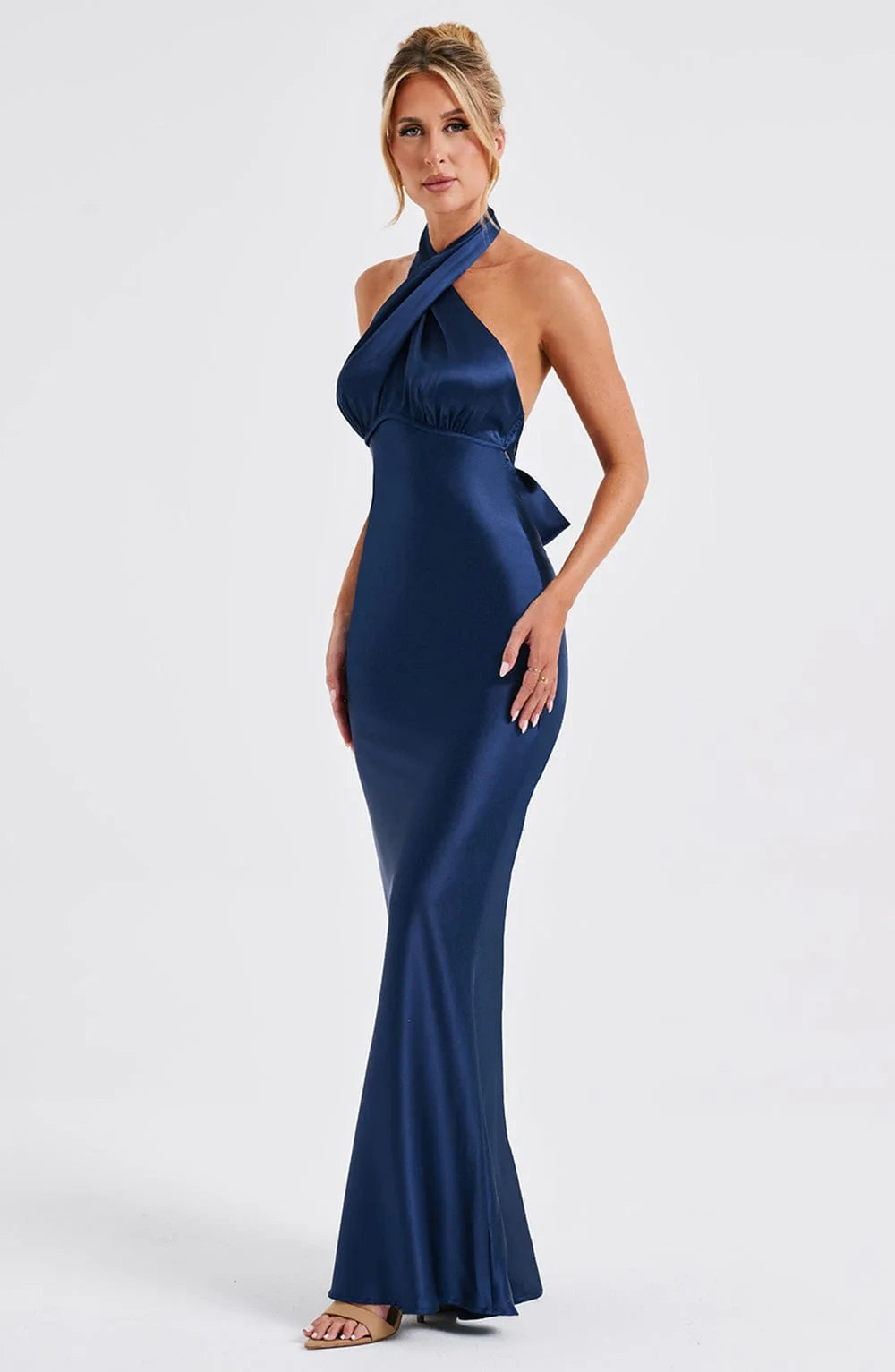 Sleek Mermaid Halter Neck Backless Tie-Back Satin Navy Blue Floor-Length Prom Dress