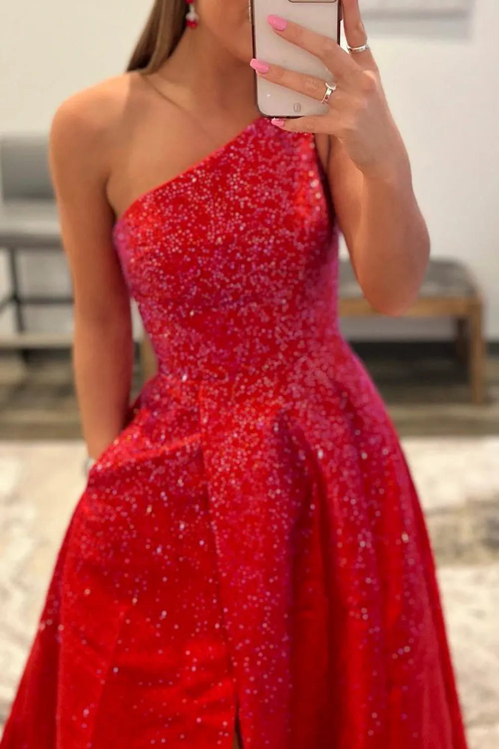 Sleeveless Backless Floor Length Red One Shoulder Prom Dress with Slit