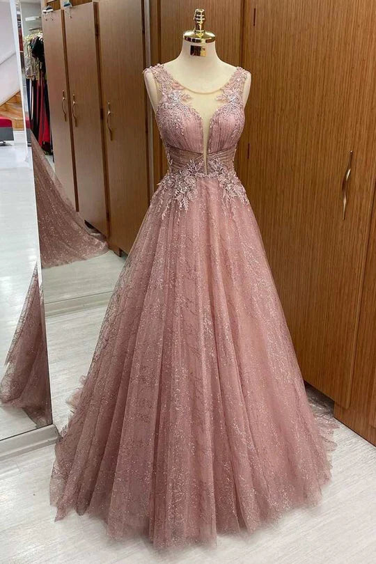 Robe de bal trapèze sans manches en dentelle florale rose poudré à bretelles transparentes 