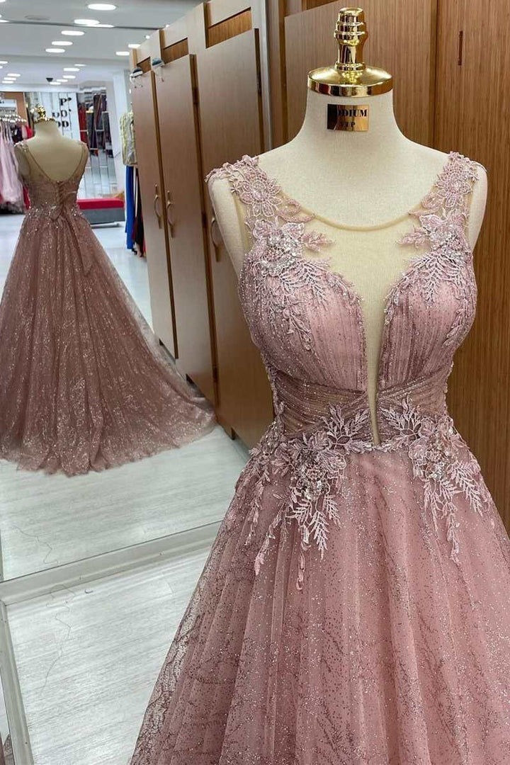 Robe de bal trapèze sans manches en dentelle florale rose poudré à bretelles transparentes 