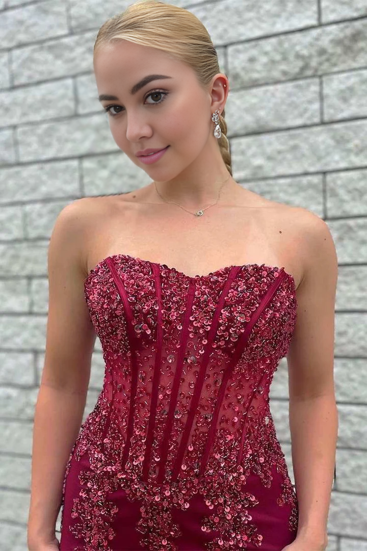 Vestido de fiesta sirena sin mangas, largo hasta el suelo, de tul con cuentas y sin tirantes 