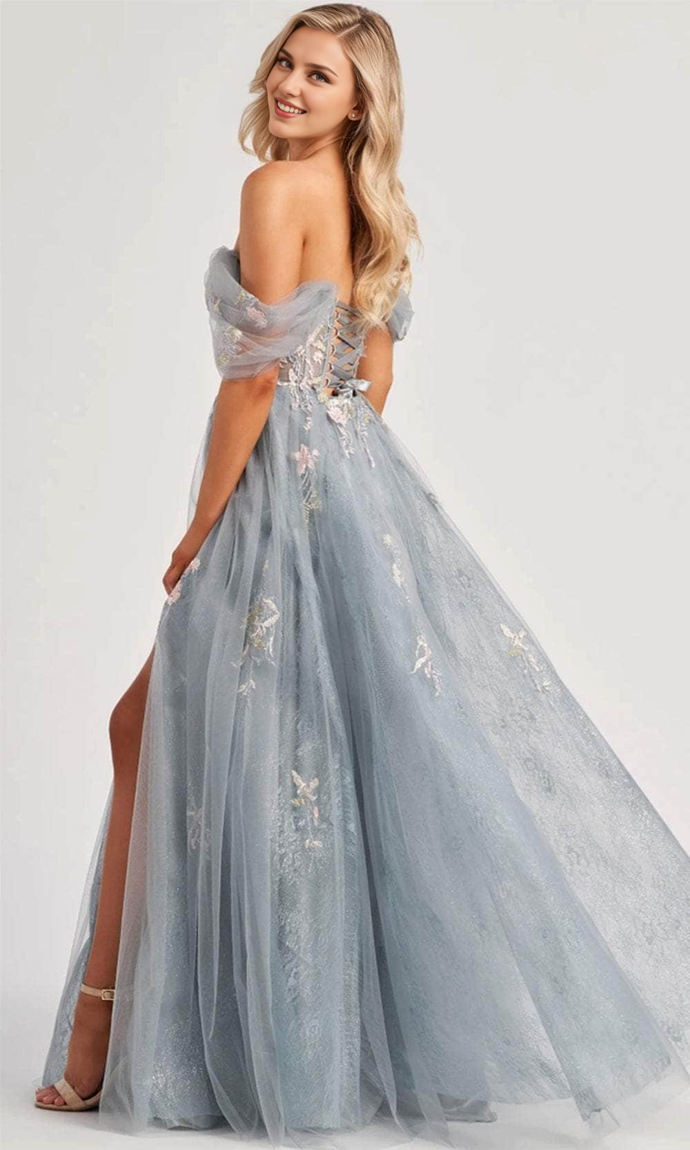 Prom Dresses Shops Embroidered Off Shoulder Tulle Prom Dress Strapless Sleeveless Formal Dress Ankle Length Pleated Prom Clothing Formal Women's Dresses