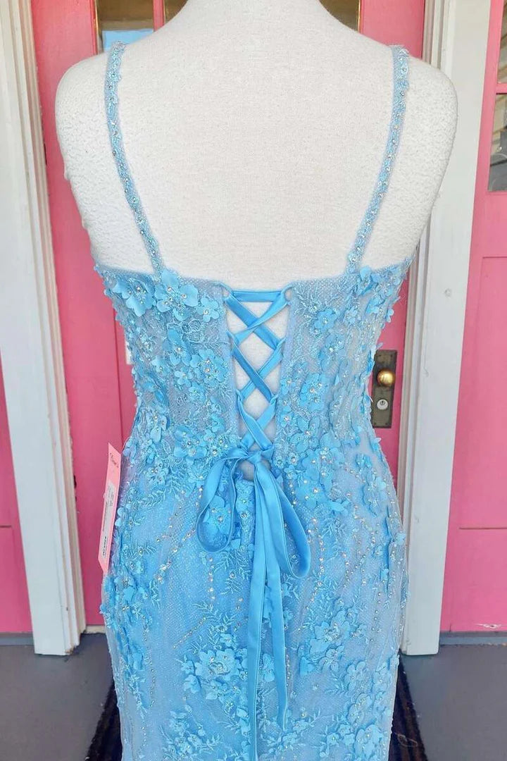 Sleeveless Light Blue 3D Floral Lace Lace-Up Back Long Prom Dress With Slit