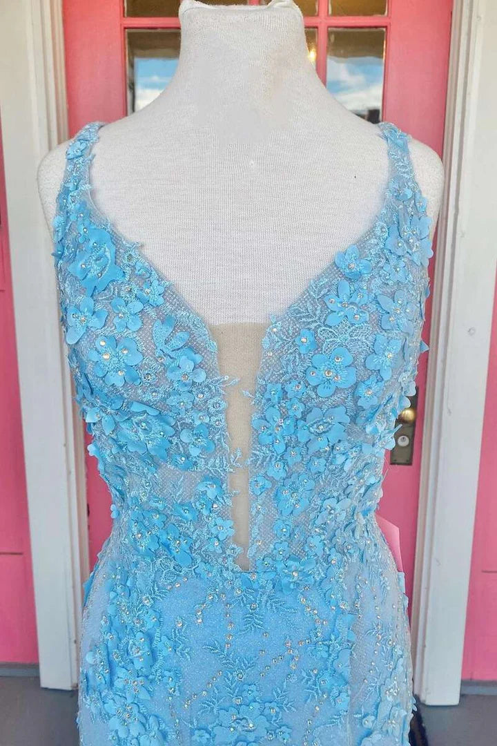 Sleeveless Light Blue 3D Floral Lace Lace-Up Back Long Prom Dress With Slit
