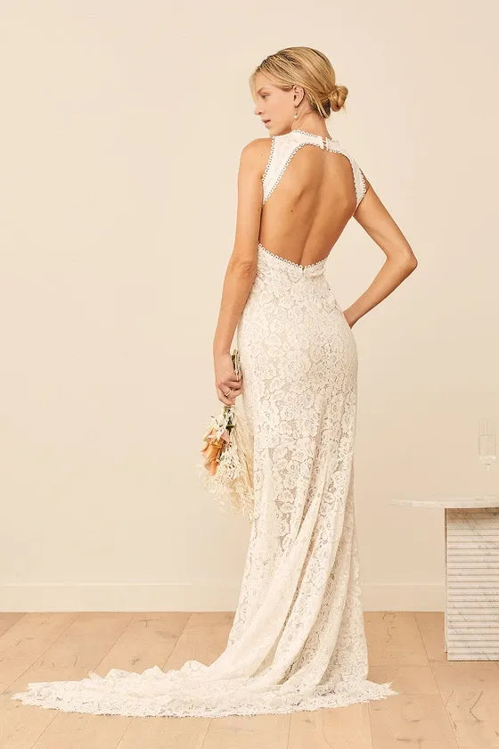 Sleeveless Love Everlasting White Floral Lace Mermaid Backless Wedding Gown With Train