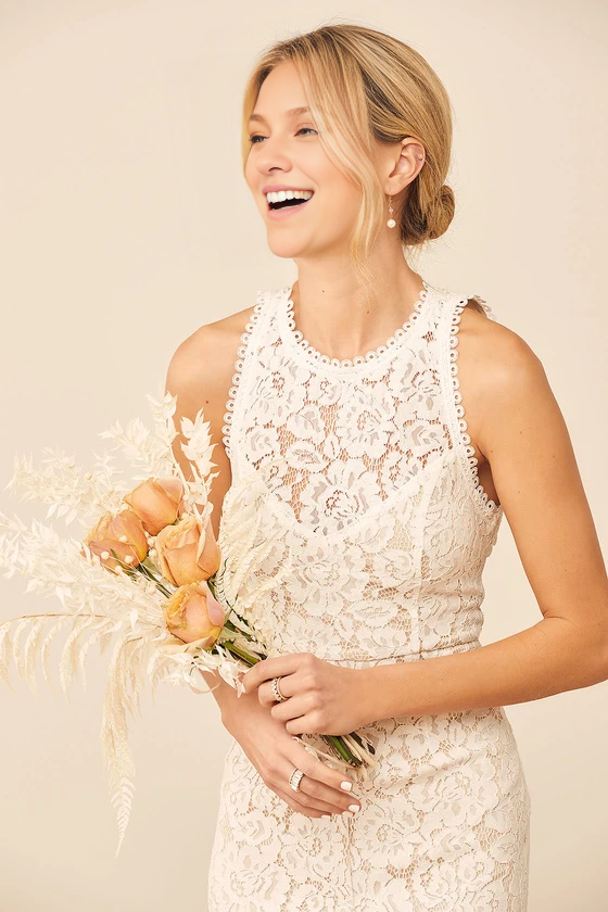 Sleeveless Love Everlasting White Floral Lace Mermaid Backless Wedding Gown With Train