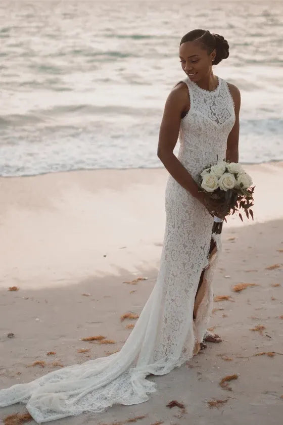 Sleeveless Love Everlasting White Floral Lace Mermaid Backless Wedding Gown With Train