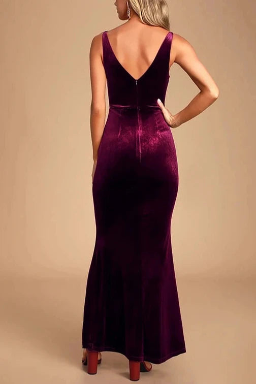 Vestidos formales Weitese para mujer, color morado ciruela, escote en V, terciopelo, sin mangas, vestido largo tipo sirena, vestidos de fiesta, tiendas de vestidos 