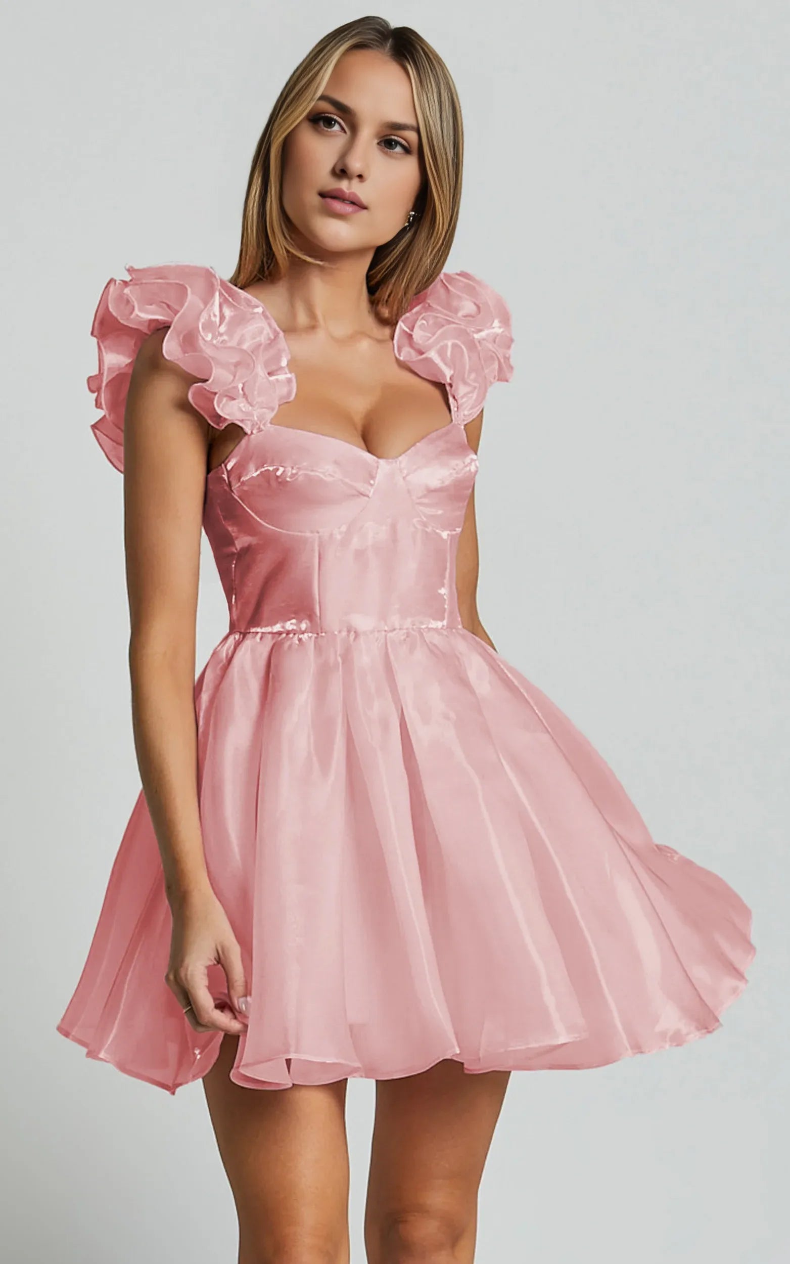 Sleeveless Ruffle Detail Sweetheart Pleated Knee-Length Dress Pink A-Line Solid Color Fashion Zipper Up Homecoming Dress
