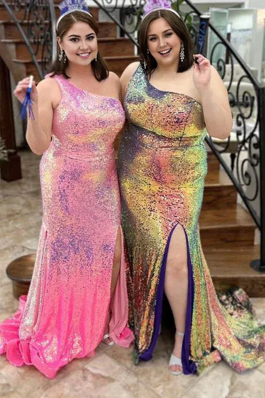 Robe de bal sirène longue sans manches à paillettes et à une épaule avec fente 