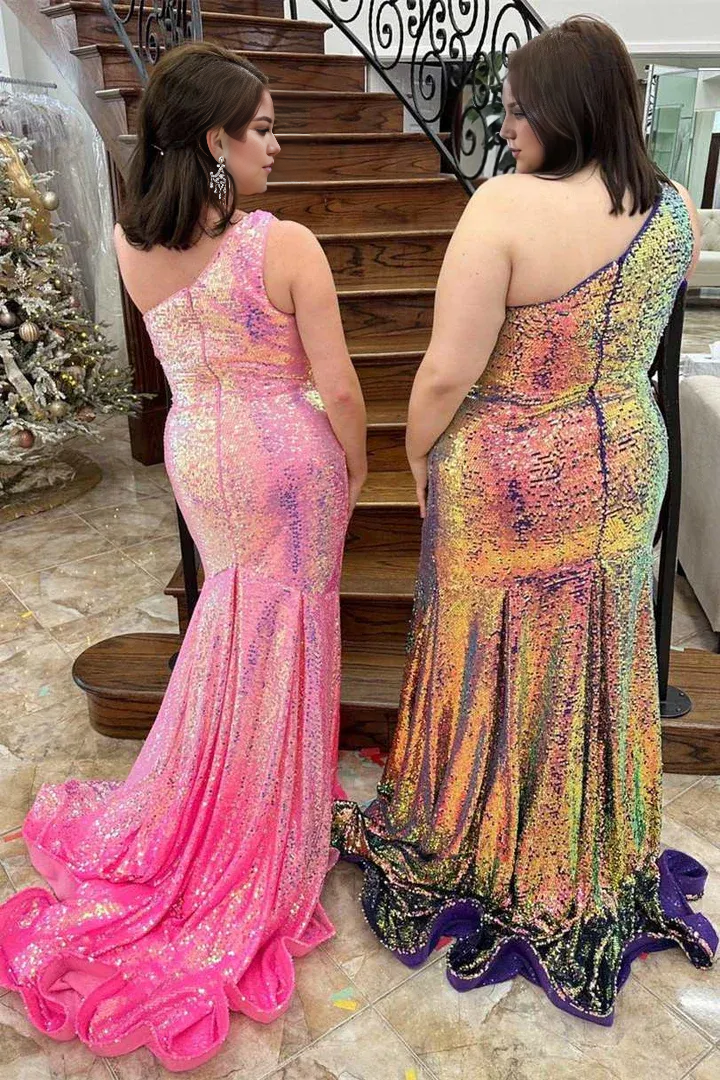 Robe de bal sirène longue sans manches à paillettes et à une épaule avec fente 