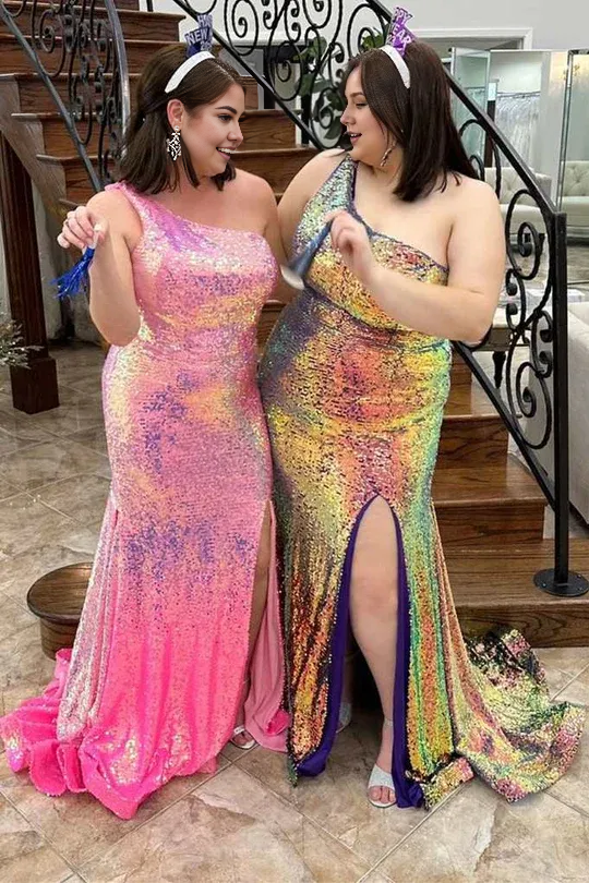 Vestido de fiesta largo de sirena con un solo hombro, lentejuelas y abertura, sin mangas 