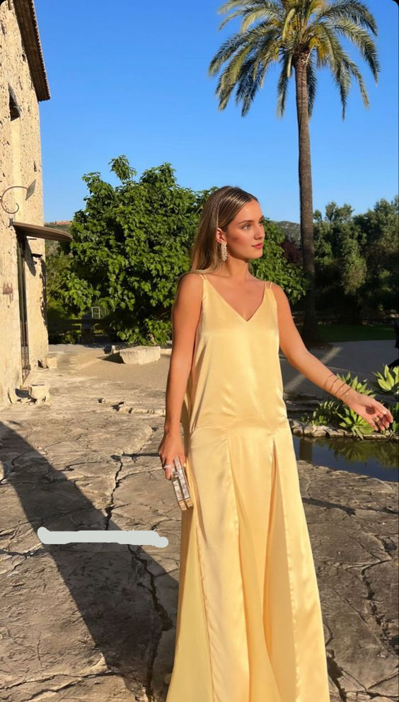 Robe de bal longue jaune sans manches, sexy, décolleté en V, en mousseline de soie, dos nu 