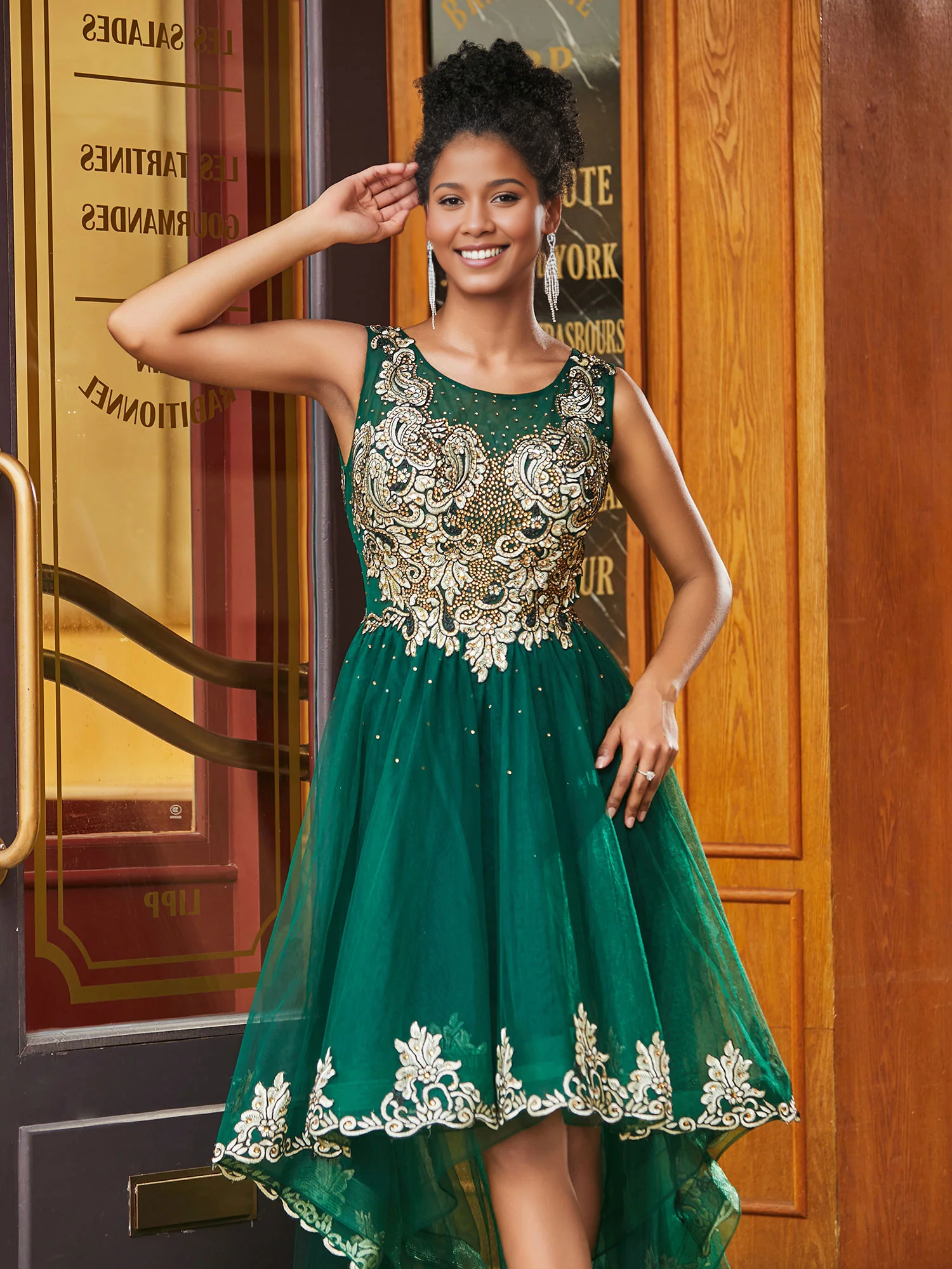 Sleeveless Tulle Vintage Beaded Appliqued Asymmetrical Evening Dress Dark Green