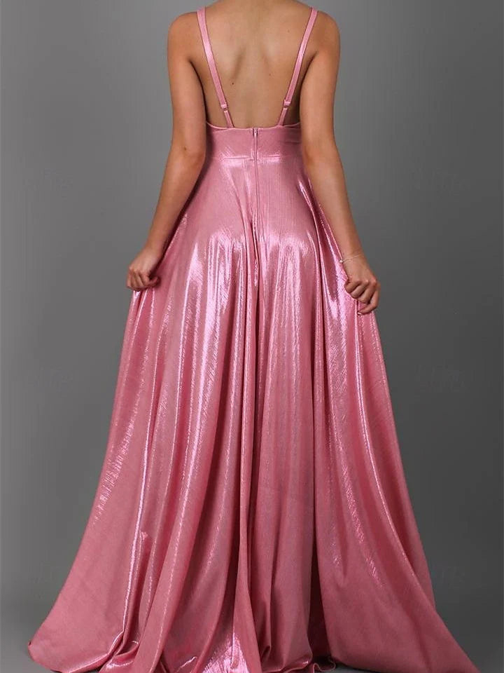 Prom Dresses Stores A-Line/Princess Sleeveless V Neck Floor-Length Prom Dresses with Pleats Formal Women's Dresses