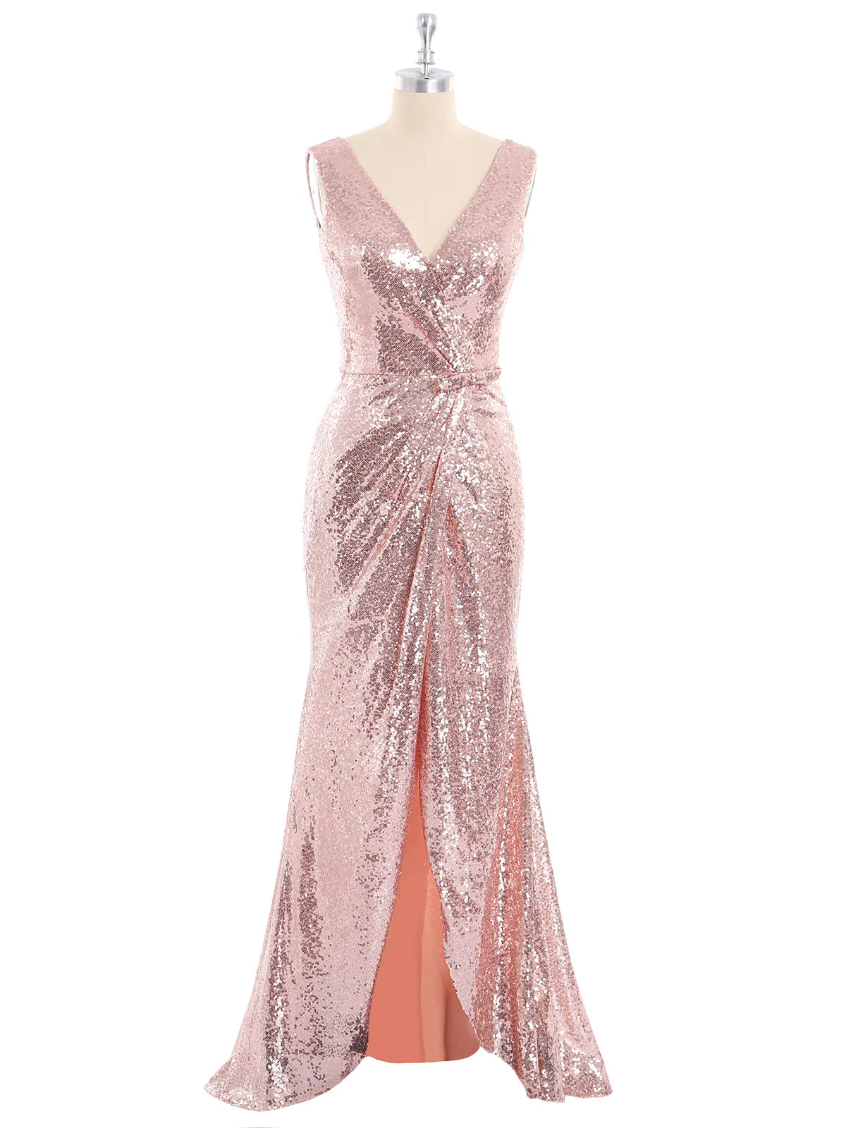 Robe de soirée sans manches, col en V, longueur au sol, dos nu, paillettes, or rose 