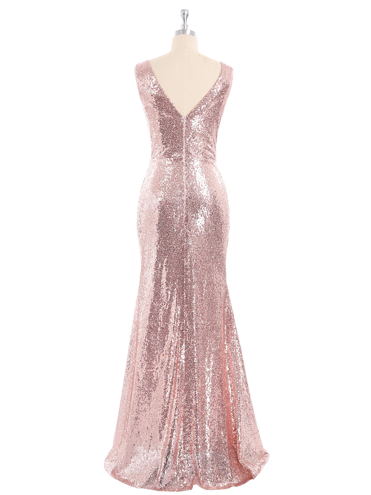 Sleeveless V Neck Floor Length Backless Sequins Party Dress Rose Gold