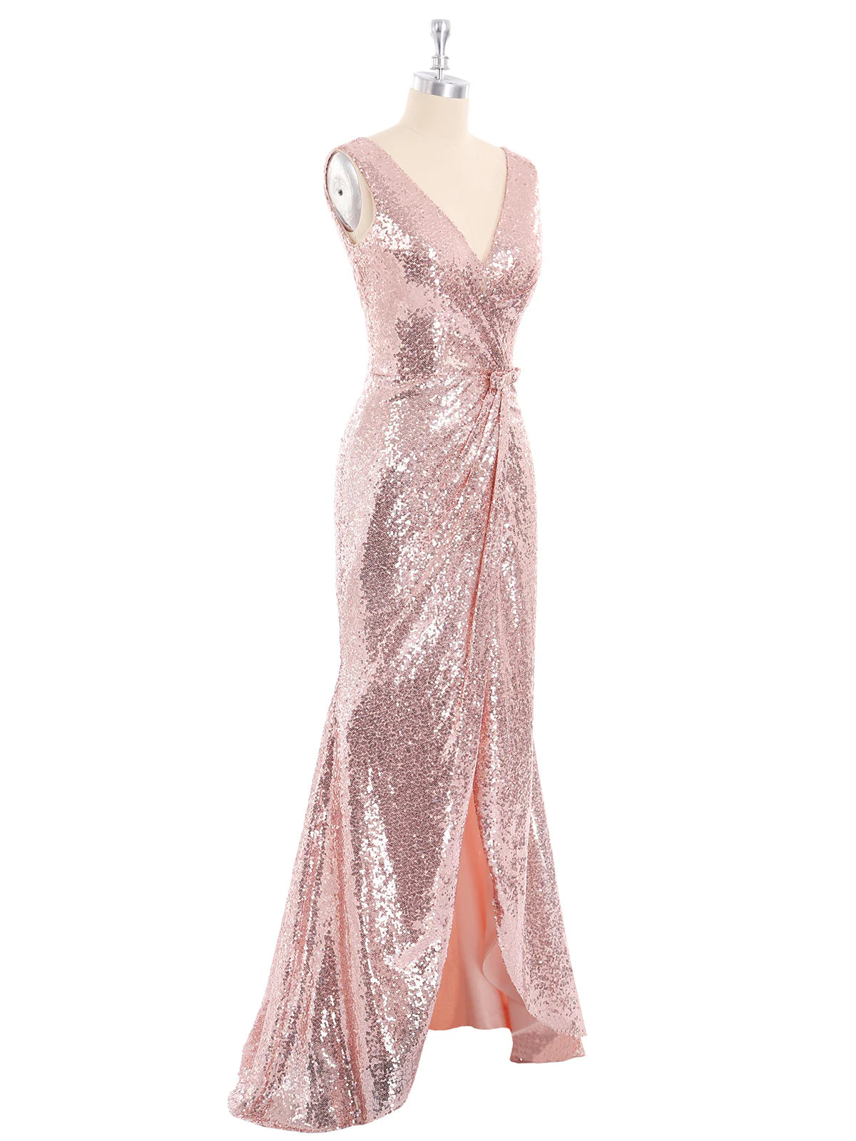 Sleeveless V Neck Floor Length Backless Sequins Party Dress Rose Gold