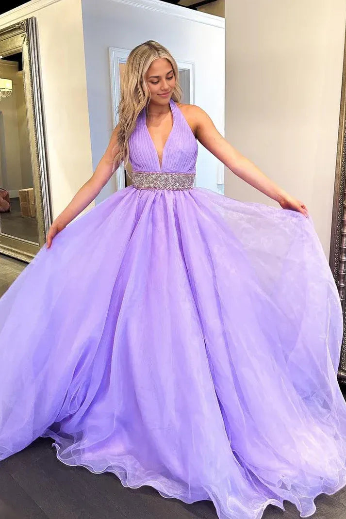 Robe de bal longue lilas sans manches, col en V, épaules dénudées, coupe trapèze, dos nu 