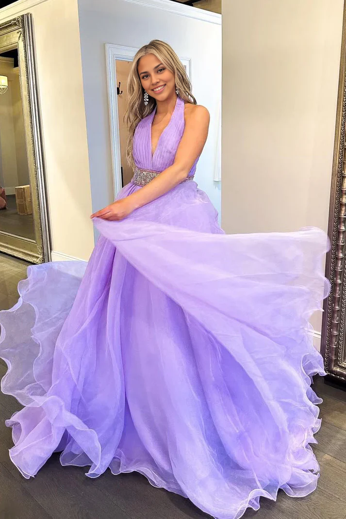Robe de bal longue lilas sans manches, col en V, épaules dénudées, coupe trapèze, dos nu 