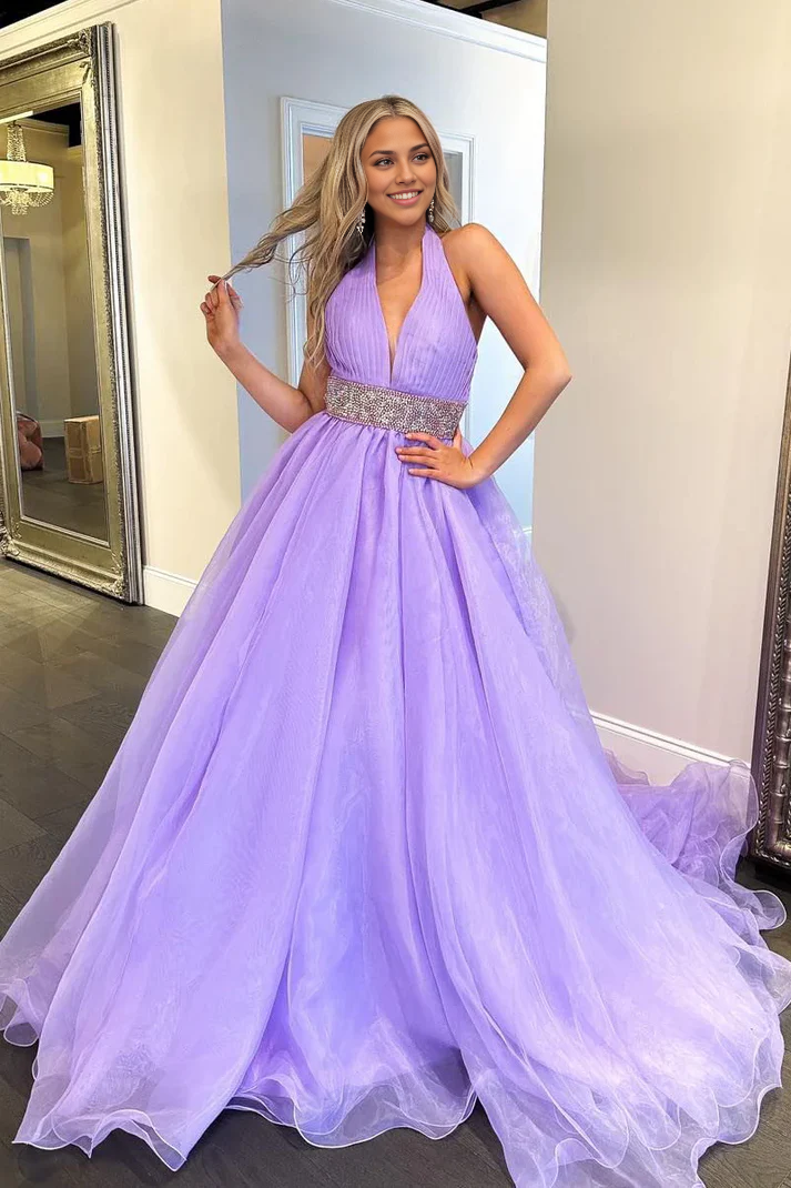 Robe de bal longue lilas sans manches, col en V, épaules dénudées, coupe trapèze, dos nu 
