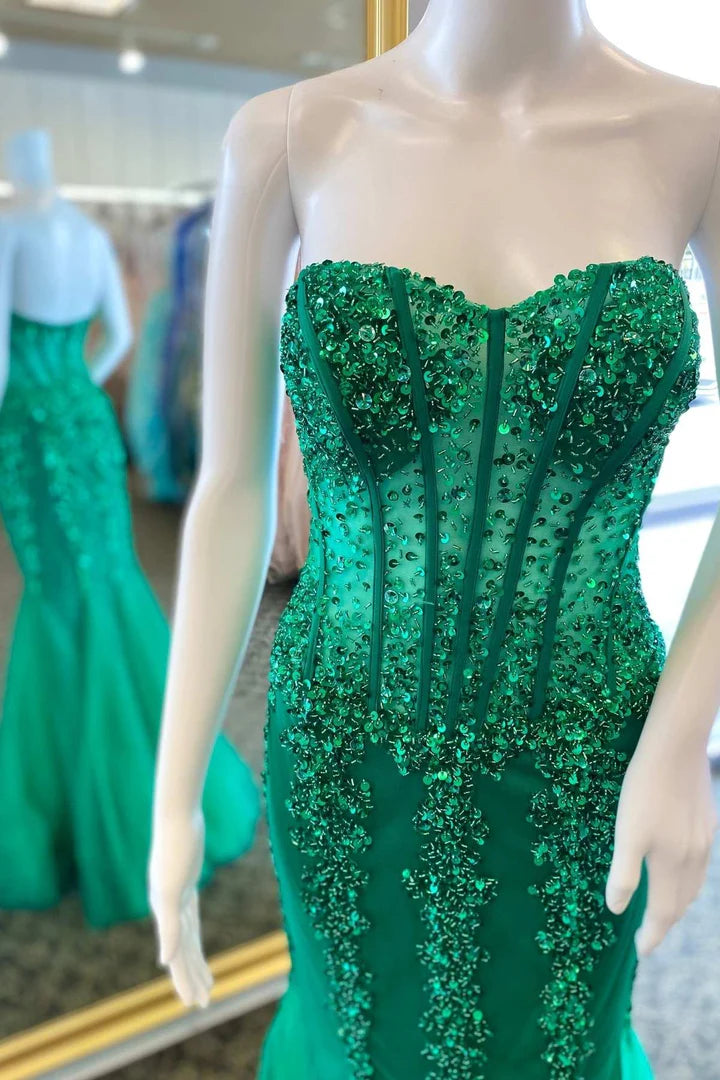Vestido de fiesta sirena sin mangas, largo hasta el suelo, de tul con cuentas y sin tirantes 