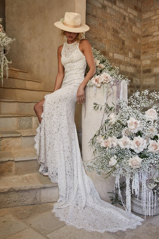 Sleeveless Love Everlasting White Floral Lace Mermaid Backless Wedding Gown With Train