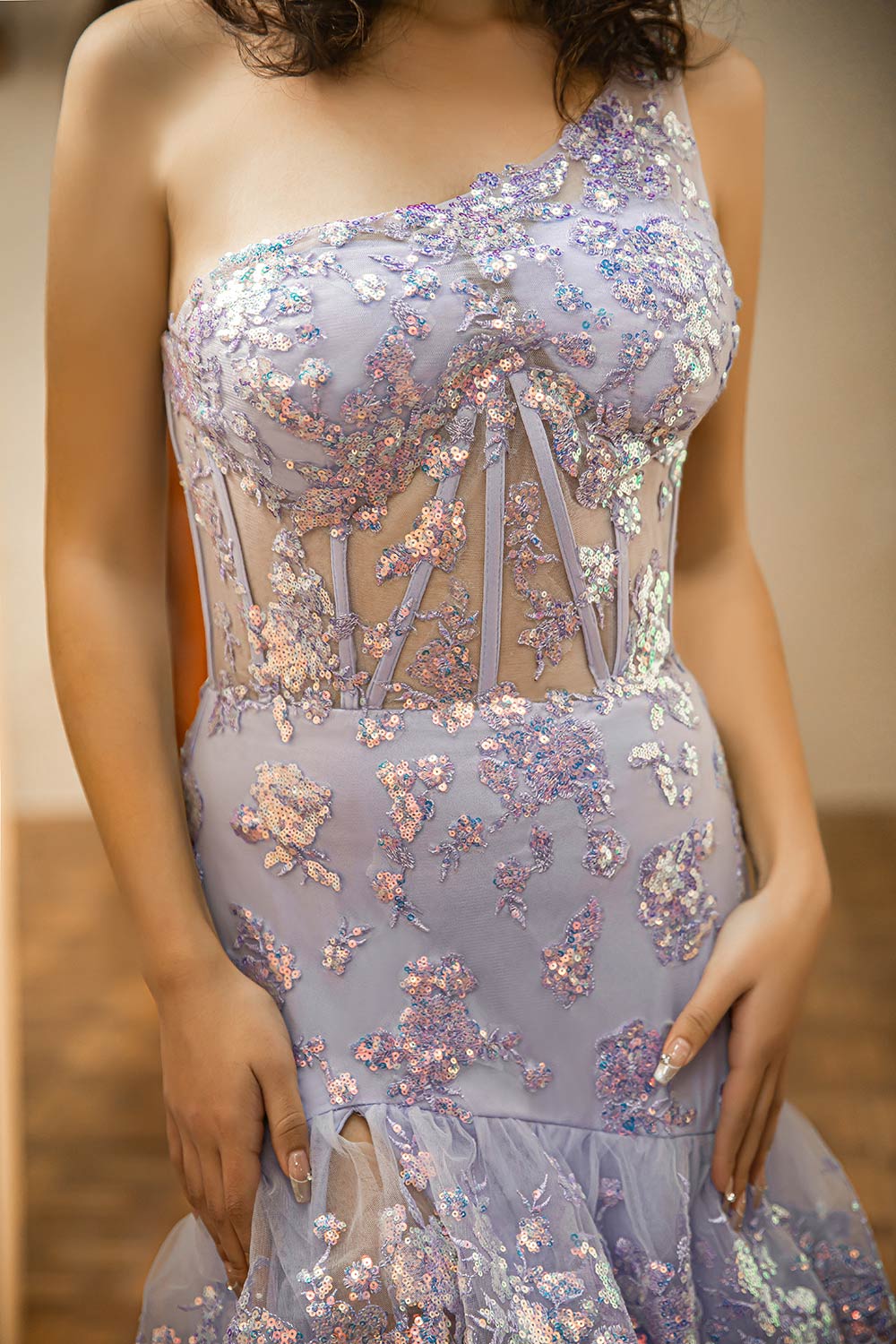 Sleeveless Multi Layer One Shoulder Ruffle Sheer Corset Bodice Prom Dress With Slit