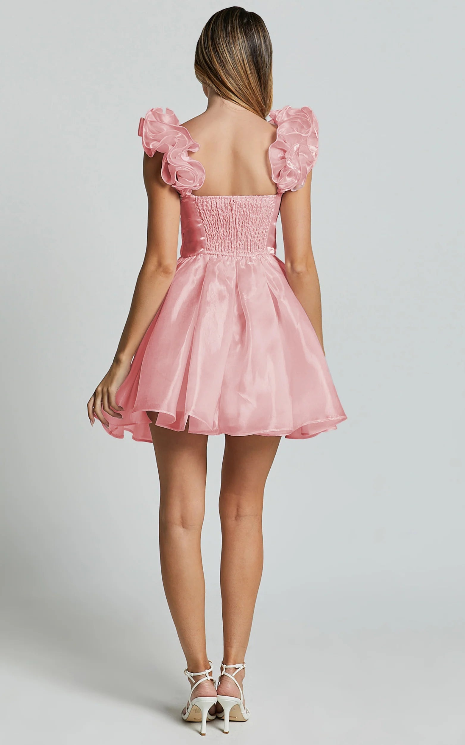 Sleeveless Ruffle Detail Sweetheart Pleated Knee-Length Dress Pink A-Line Solid Color Fashion Zipper Up Homecoming Dress