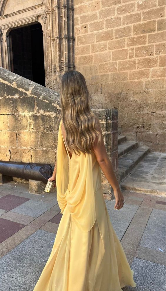 Robe de bal longue jaune sans manches, sexy, décolleté en V, en mousseline de soie, dos nu 