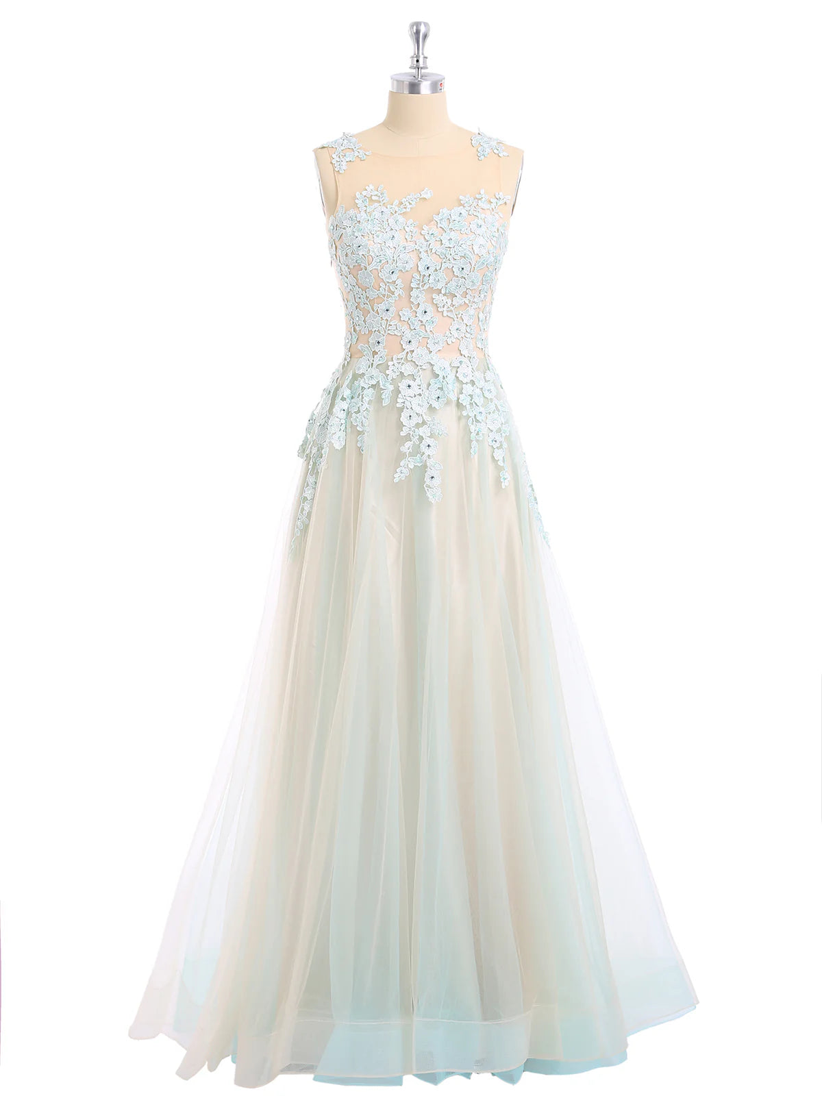 Sleeveless Tulle Round Neck Two Colors Tulle Prom Dress With Applique ﻿