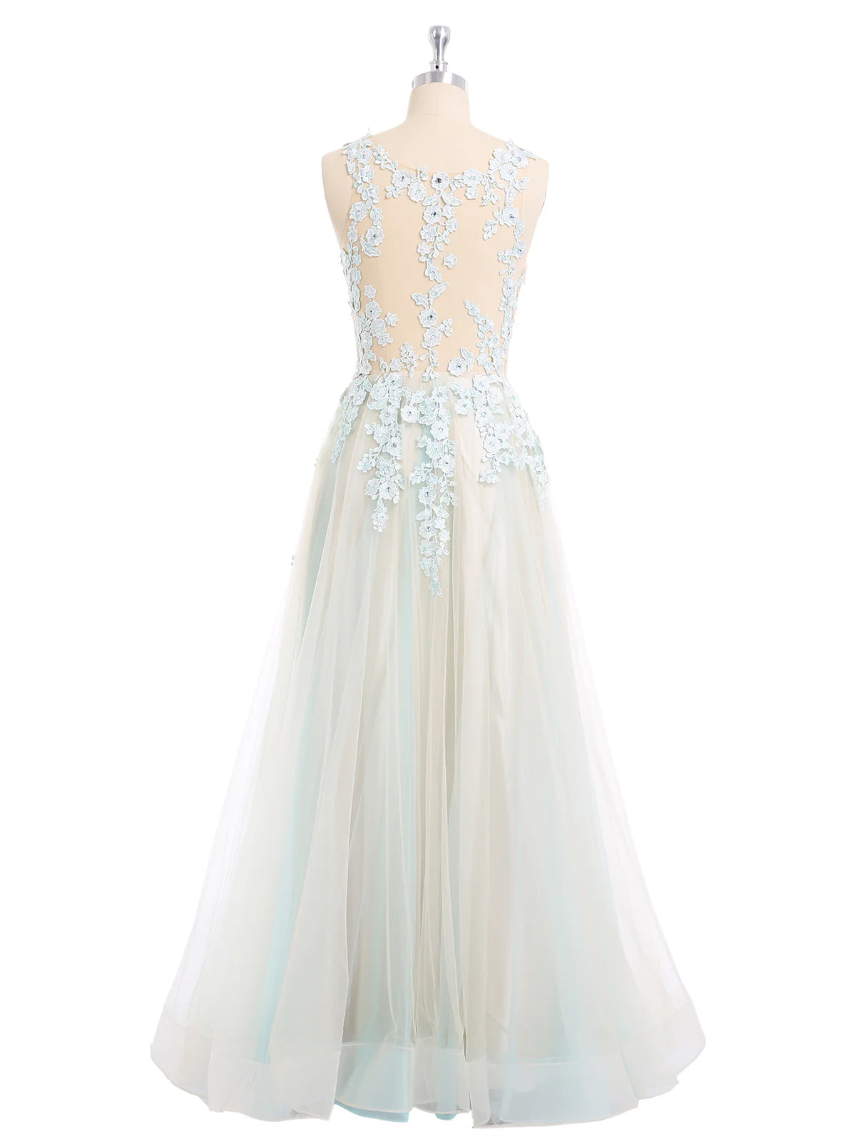 Sleeveless Tulle Round Neck Two Colors Tulle Prom Dress With Applique ﻿