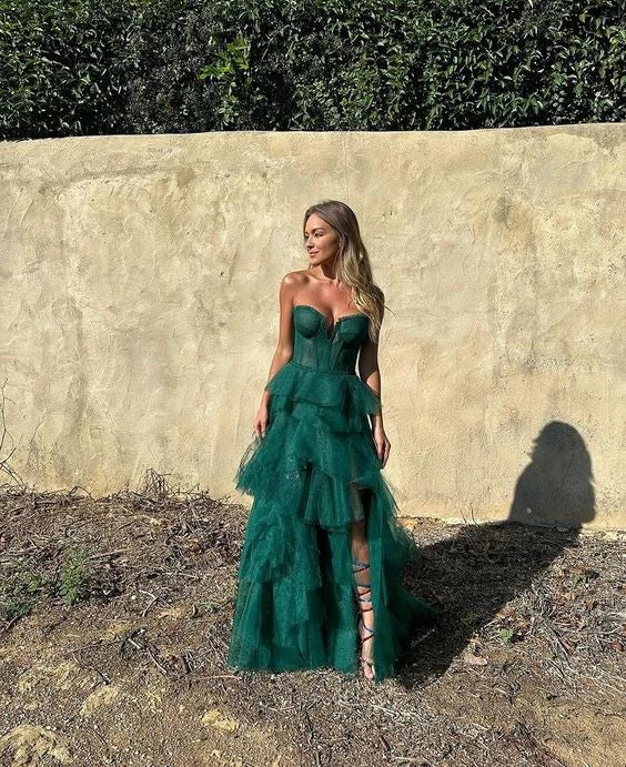 Weitese Formal Women's Dresses Sweetheart Tulle Tiered Hunter Green Slit Long Prom Dress Party Dress Prom Dresses Stores