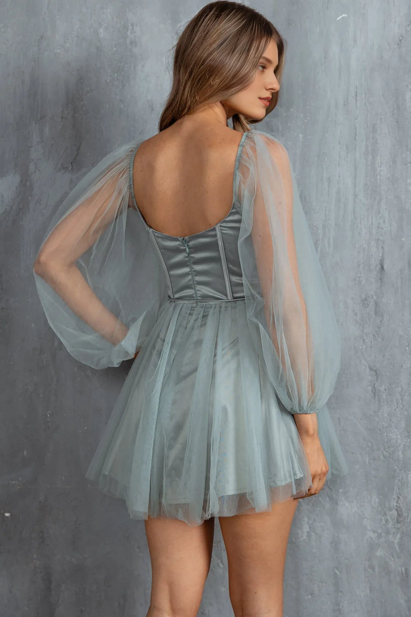 Weitese Dress Pale Pink Tulle Mini Dress With Sweetheart Neck Sheer Puff Sleeves And Waist Tie Up Detail Prom Dress