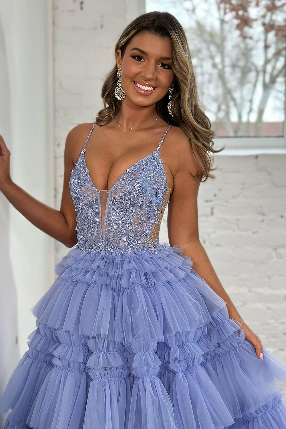 Weitese A Line Spaghetti Straps Lace Up Long Ruffle Tulle Prom Dress with Beading