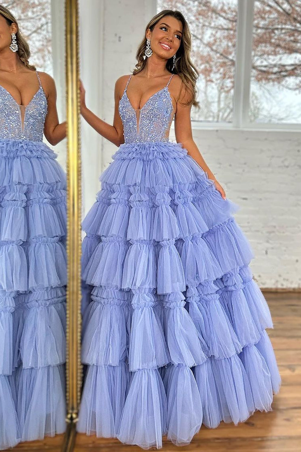 Weitese A Line Spaghetti Straps Lace Up Long Ruffle Tulle Prom Dress with Beading