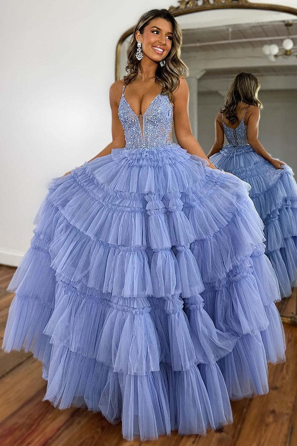 Weitese A Line Spaghetti Straps Lace Up Long Ruffle Tulle Prom Dress with Beading