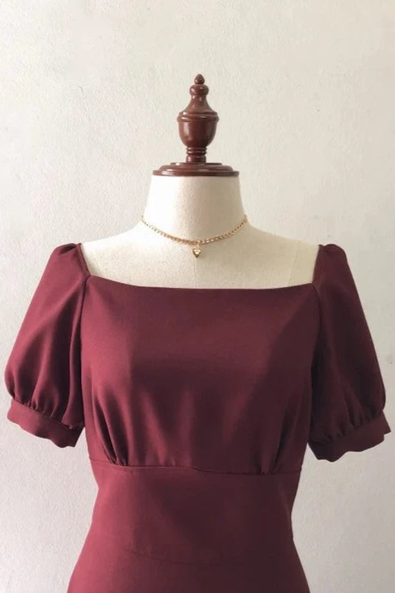 Snow White Dress Square Neck Burgundy Party Puff Sleeve Vintage Majestic Prom Graduation Bridesmaid Dress