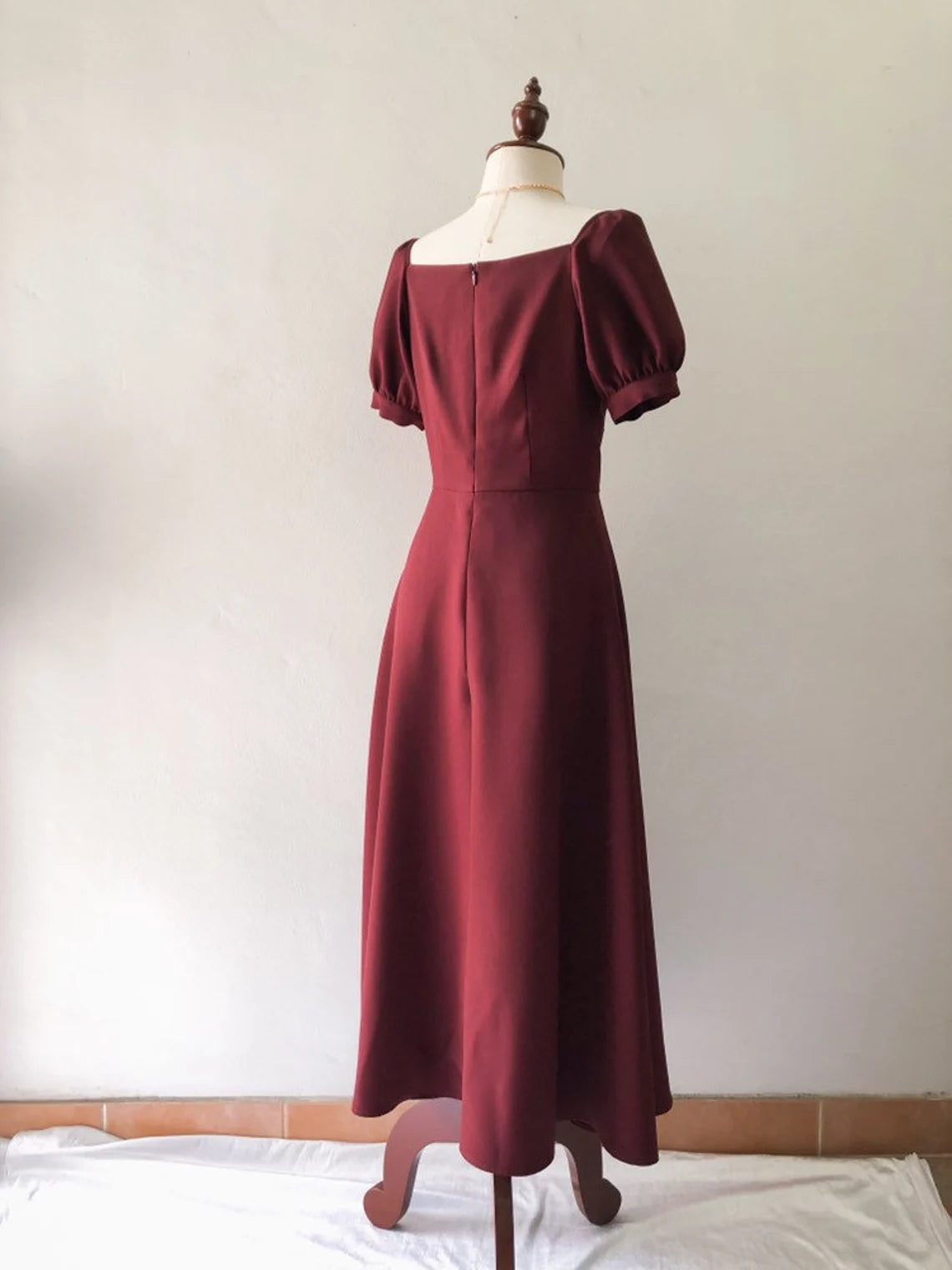 Snow White Dress Square Neck Burgundy Party Puff Sleeve Vintage Majestic Prom Graduation Bridesmaid Dress