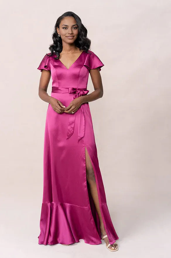 Solid Color A-Line V Neck Flutter Sleeve Satin Floor-Length Prom Dress