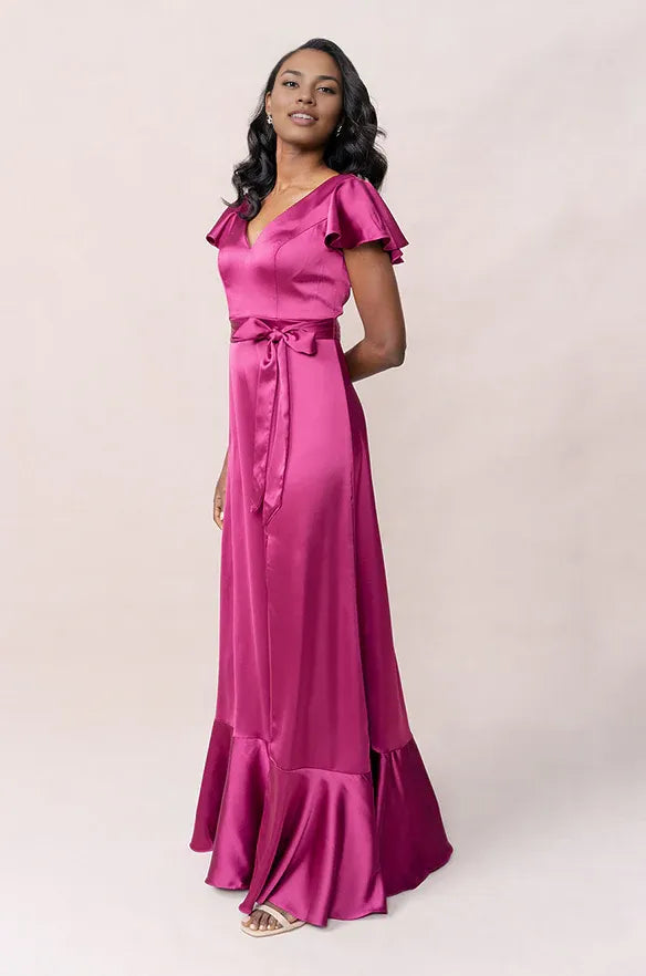 Solid Color A-Line V Neck Flutter Sleeve Satin Floor-Length Prom Dress