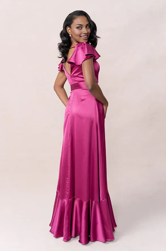 Solid Color A-Line V Neck Flutter Sleeve Satin Floor-Length Prom Dress