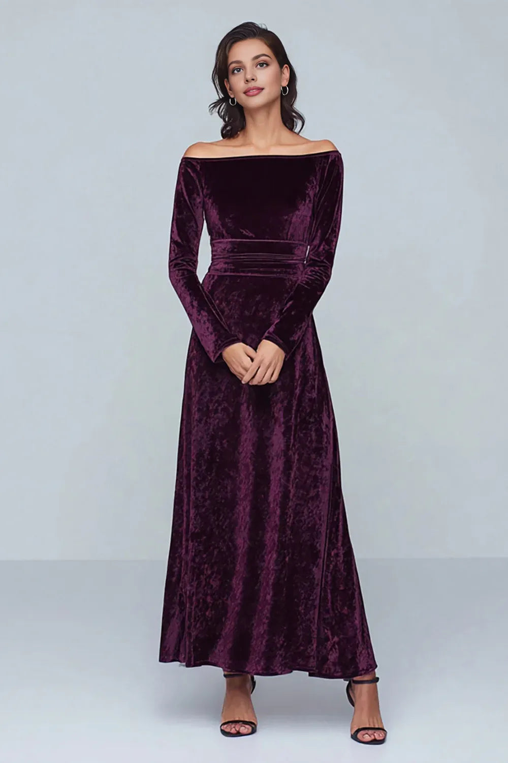 Solid Color A Line Off the Shoulder Long Sleeve Velvet Floor-Length Prom Dress