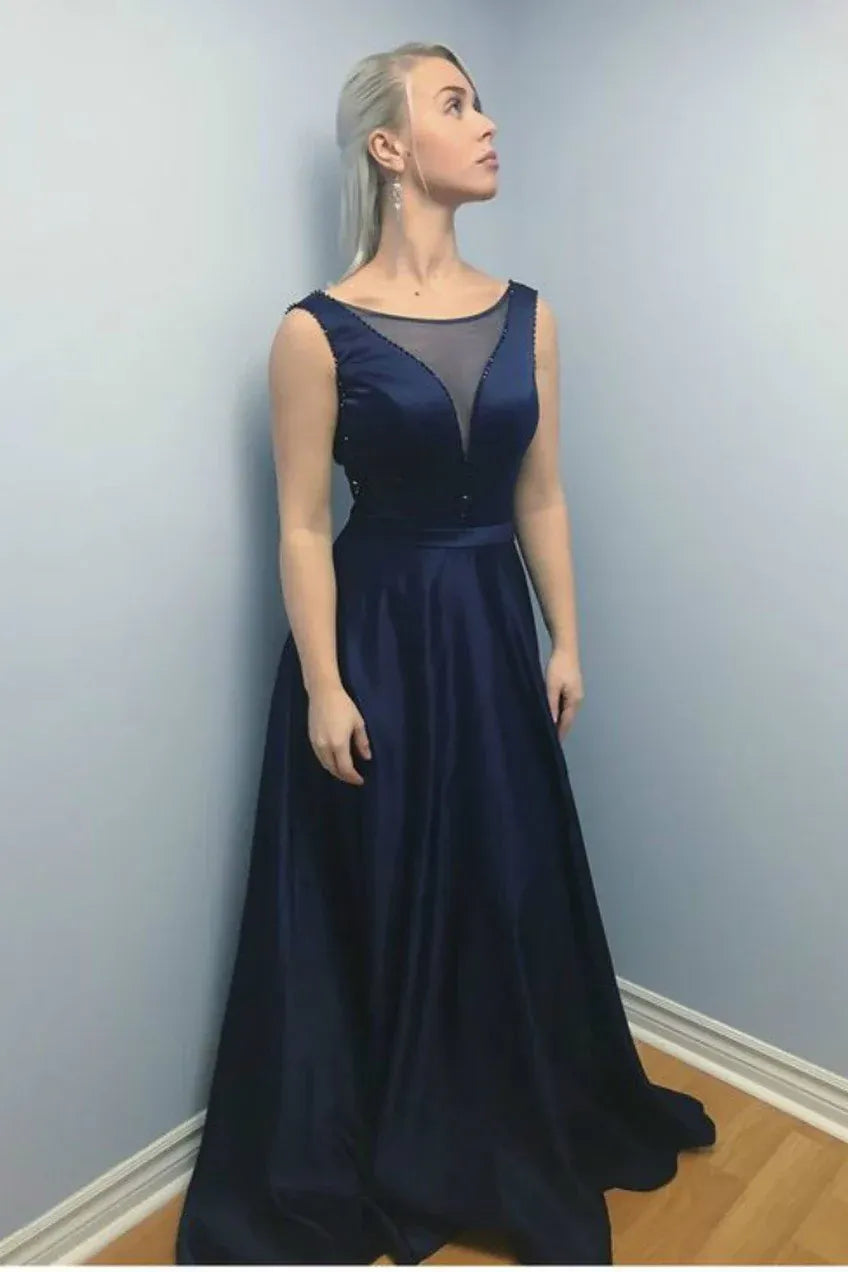 Sophisticated A-Line Round Neck Sleeveless Beaded Satin Maxi Evening Dress