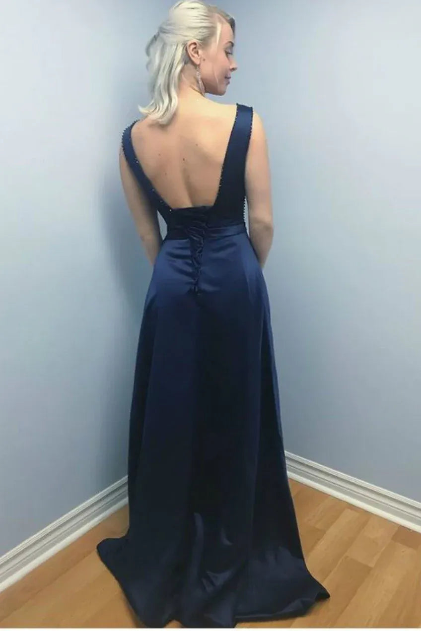 Sophisticated A-Line Round Neck Sleeveless Beaded Satin Maxi Evening Dress