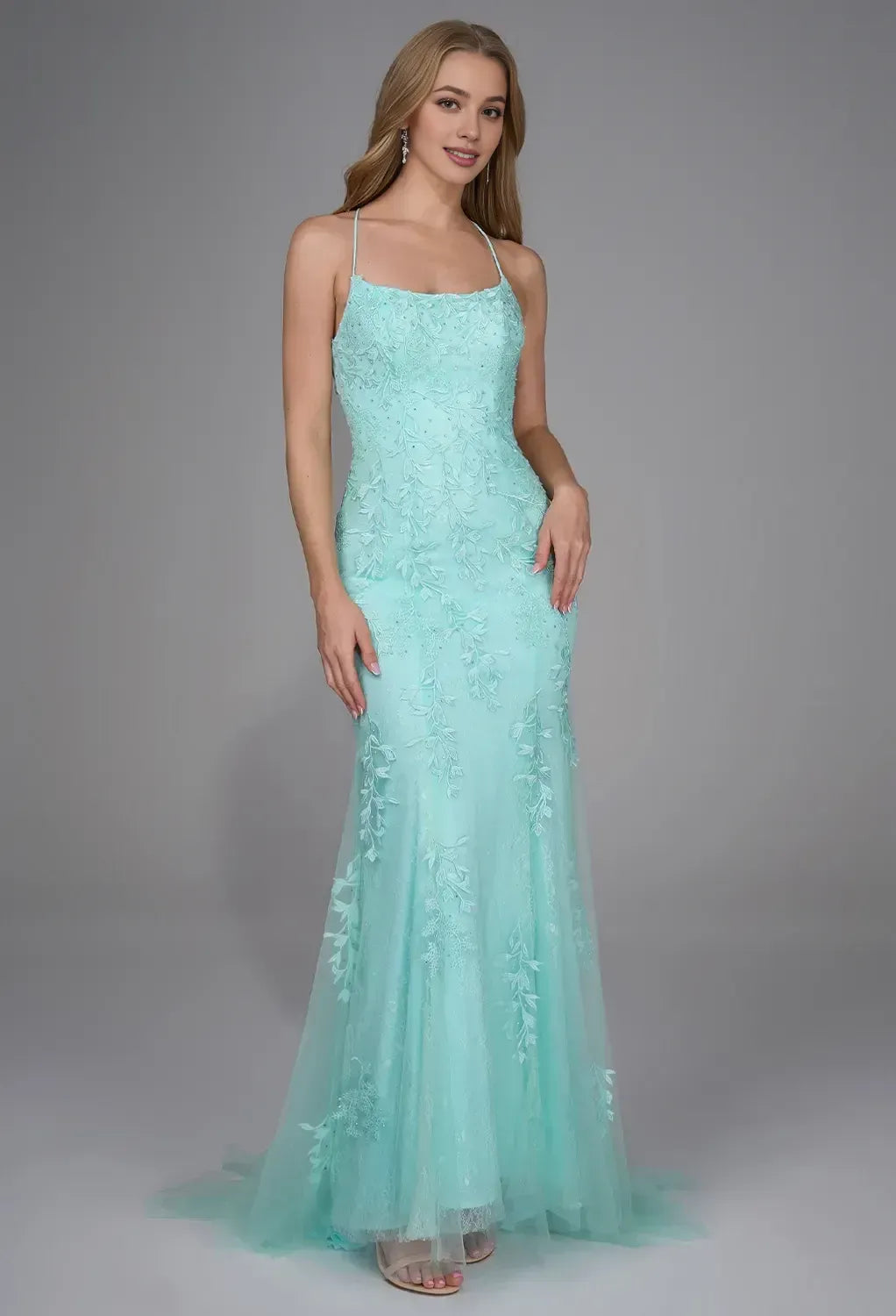 Sophisticated Mermaid/Trumpet U Neck Sleeveless Backless Tulle Floor Length Prom Dress