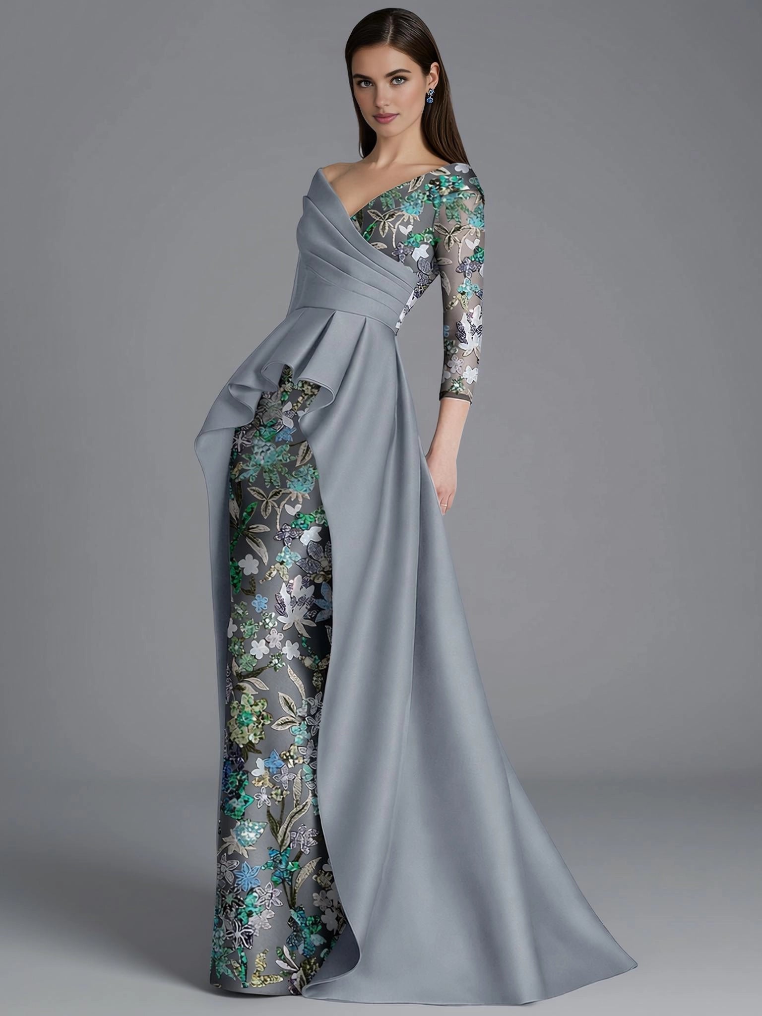 Sophisticated Sheath Long Sleeve V Neck Satin Overskirt Floor-Length Mother Of The Bride Dress